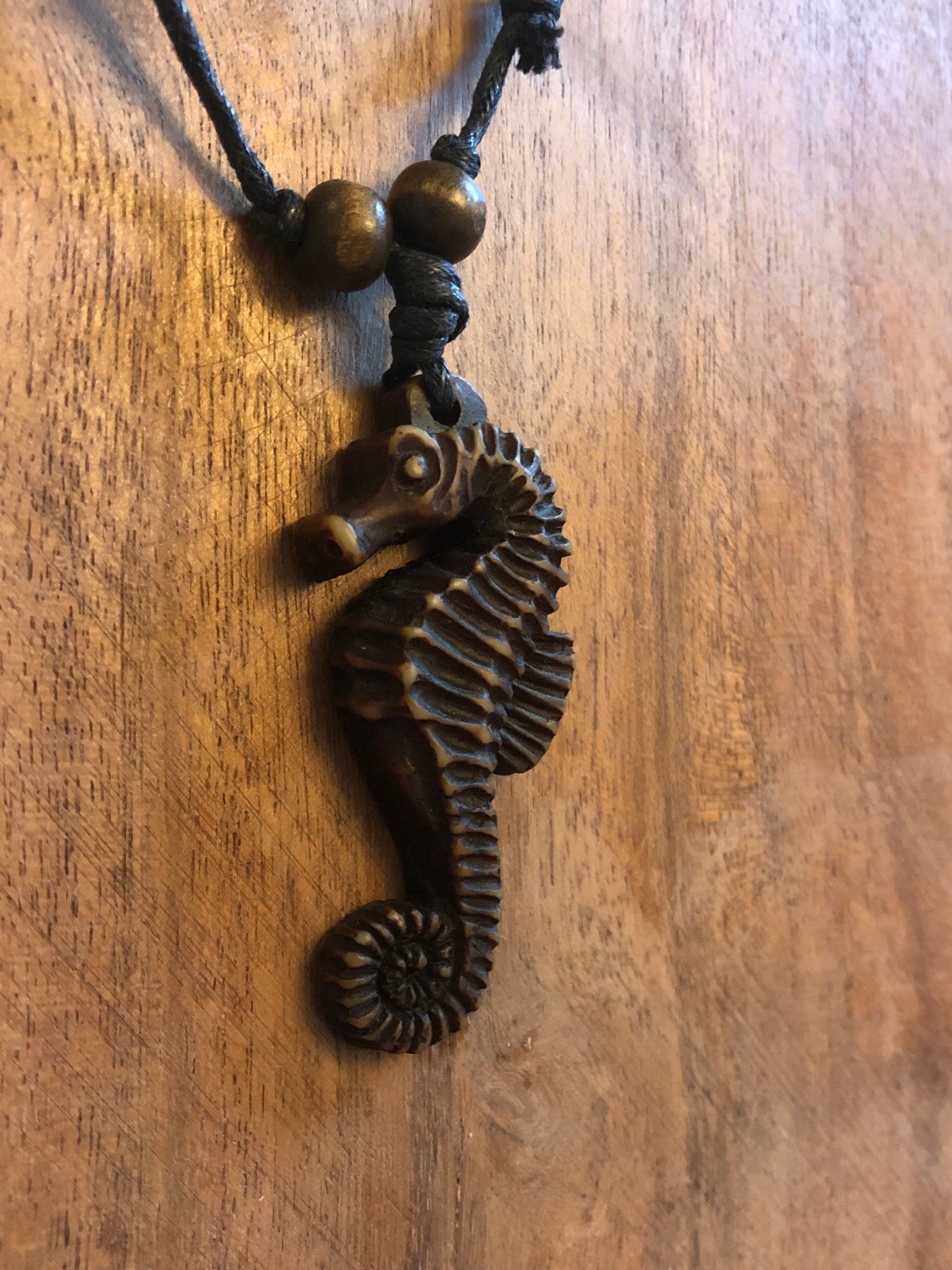 Detailed Handcrafted Bone & Resin Seahorse Pendant Adjustable Necklace