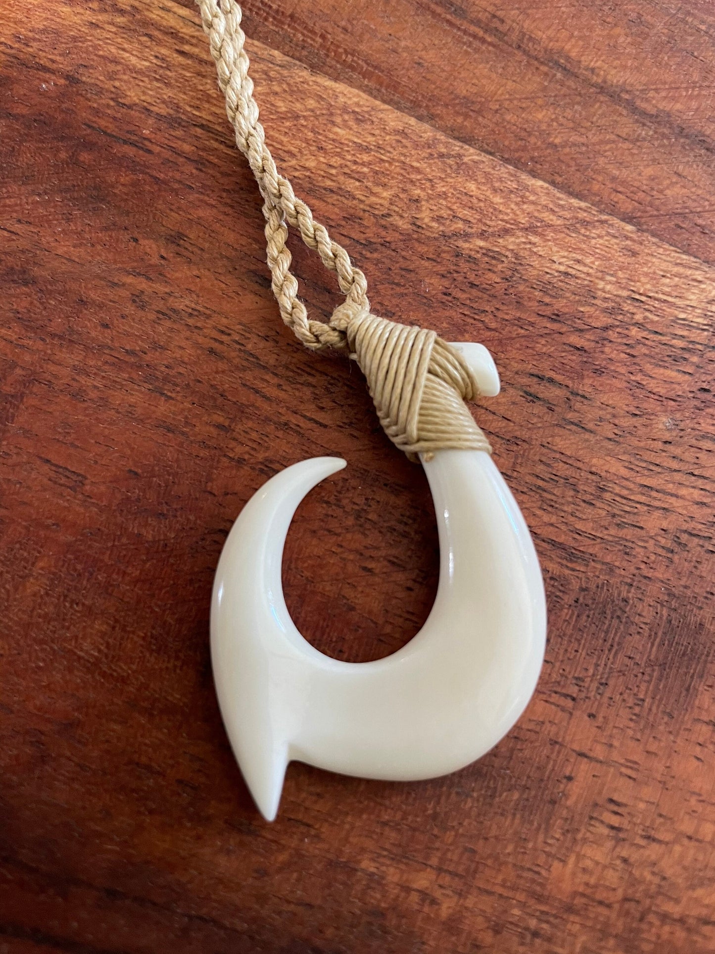 Polished Polynesian Solid Buffalo Bone Hei-Makau Fish Hook Adjustable Necklace