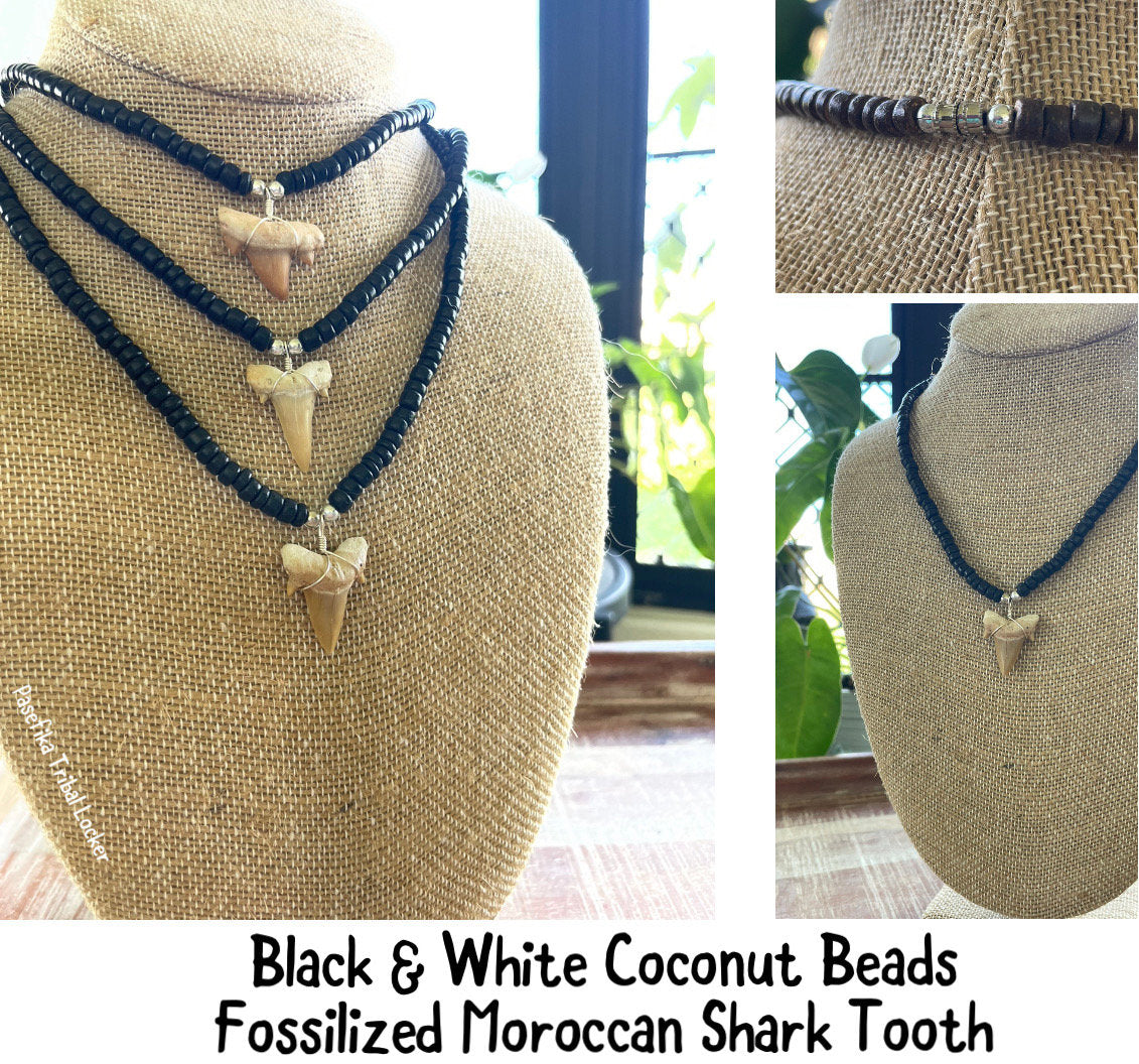 Authentic Mako & Fossilized Moroccan Shark Tooth Necklaces on Coconut Beaded Necklaces with Silver Clasp