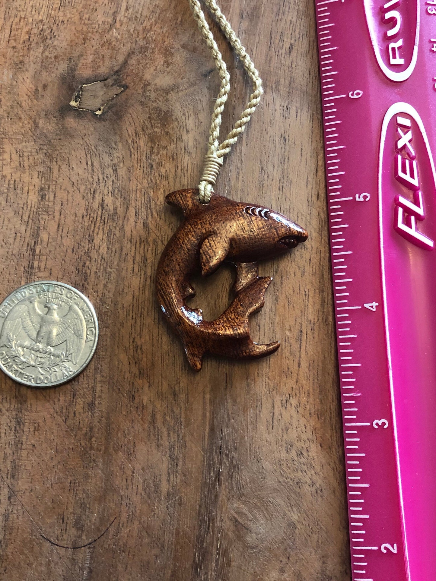 Oceanic Wildlife Art- Solid Koa Wood Handcarved Shark Adjustable Necklace