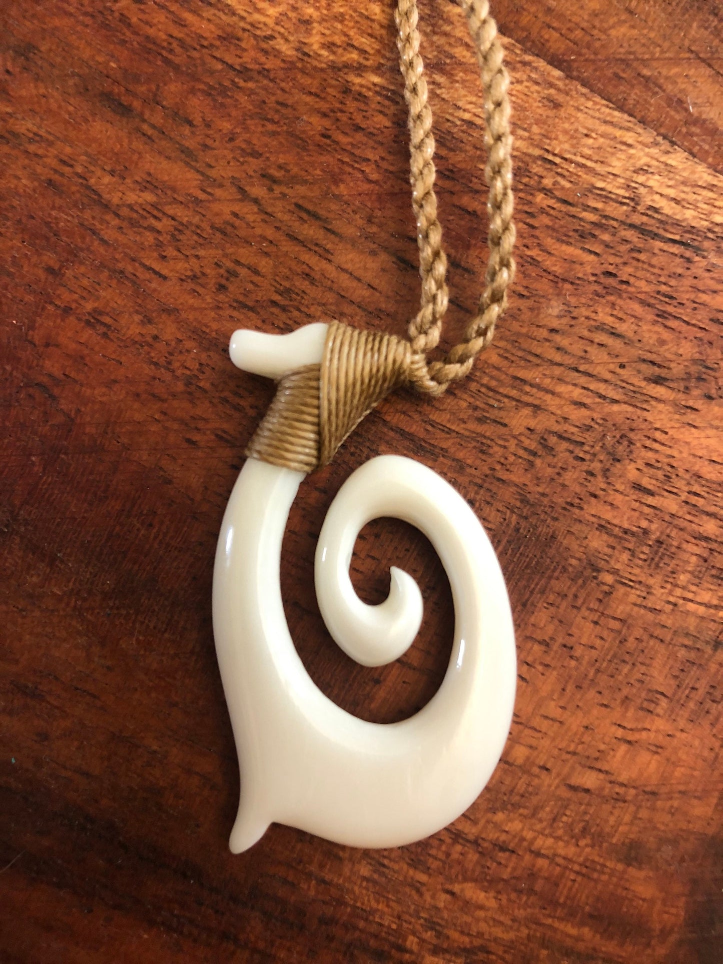 Hand Carved Buffalo Bone Fish Hook Hei Makau Necklace