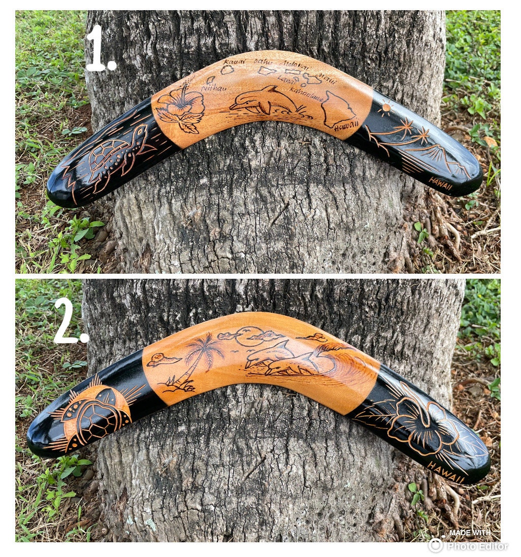 Aboriginal Polynesian Solid Wood Boomerangs with Hand Carved Hawaiian Maps, Symbols and Aloha!