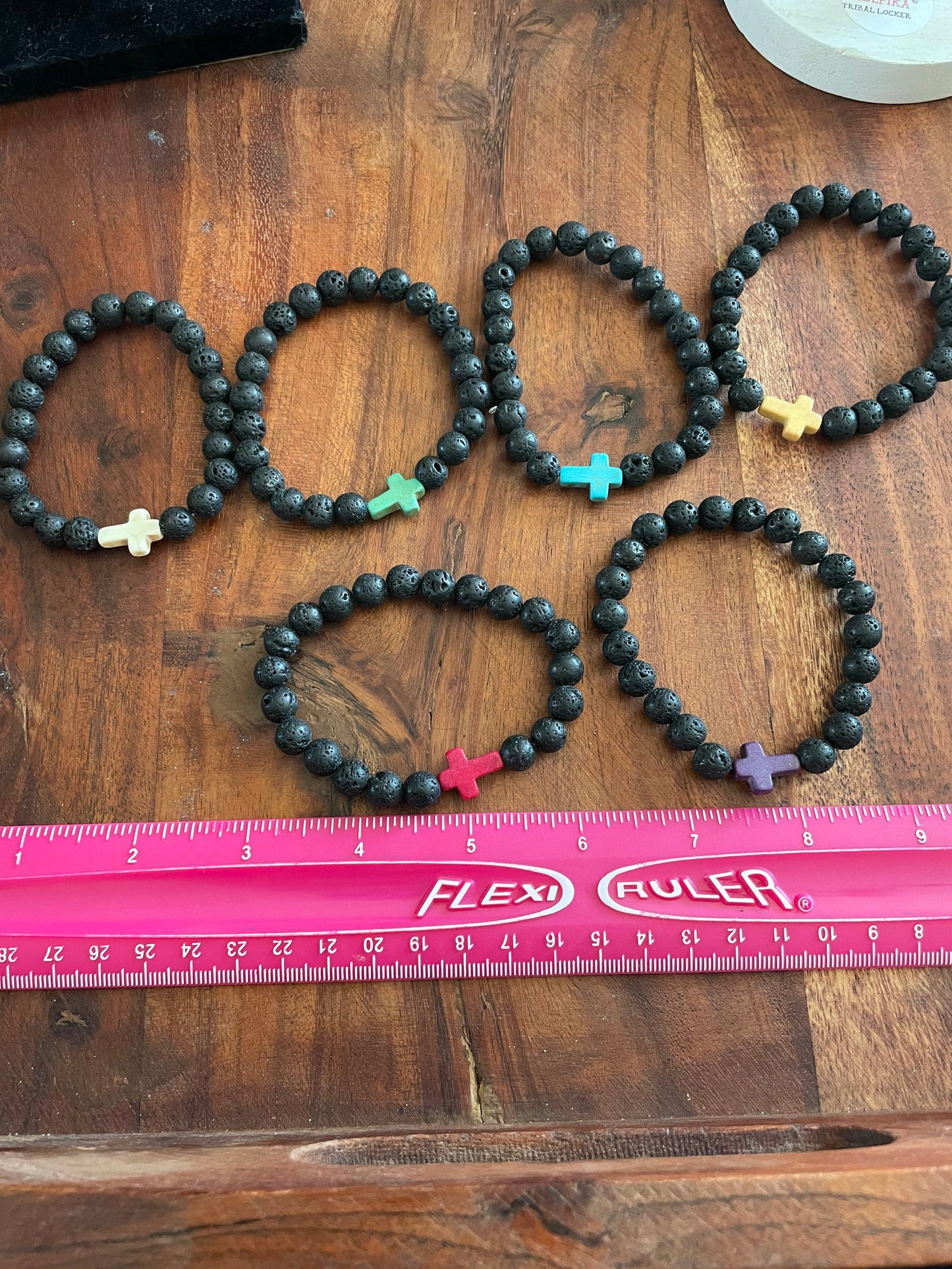 Solid Lava Beaded Elastic Bracelets with Christian Cross Clay Bead
