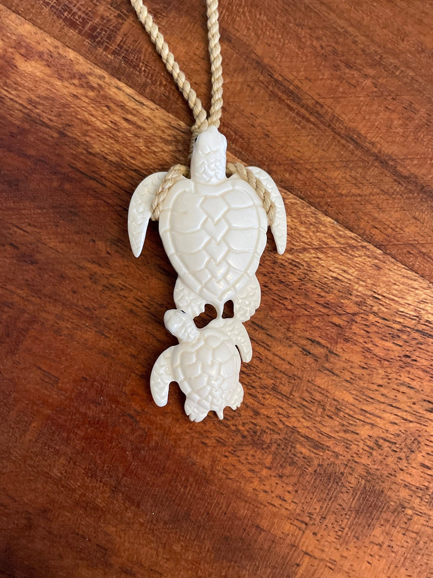 Sweet Pair of Polynesian Sea Turtles Carved from Solid Bone Adjustable Necklace