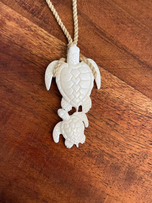 Sweet Pair of Polynesian Sea Turtles Carved from Solid Bone Adjustable Necklace