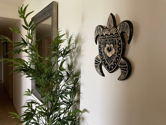 Hand Carved Sea Turtle Plaque – Polynesian Hibiscus Wood Wall Art