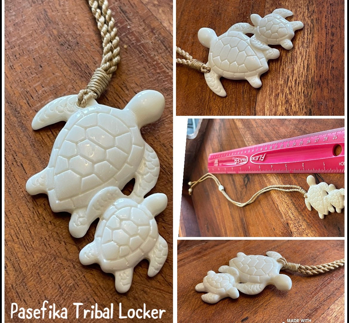 Momma and Baby Sea Turtle Duo Hand Carved Solid Bone Adjustable Necklace