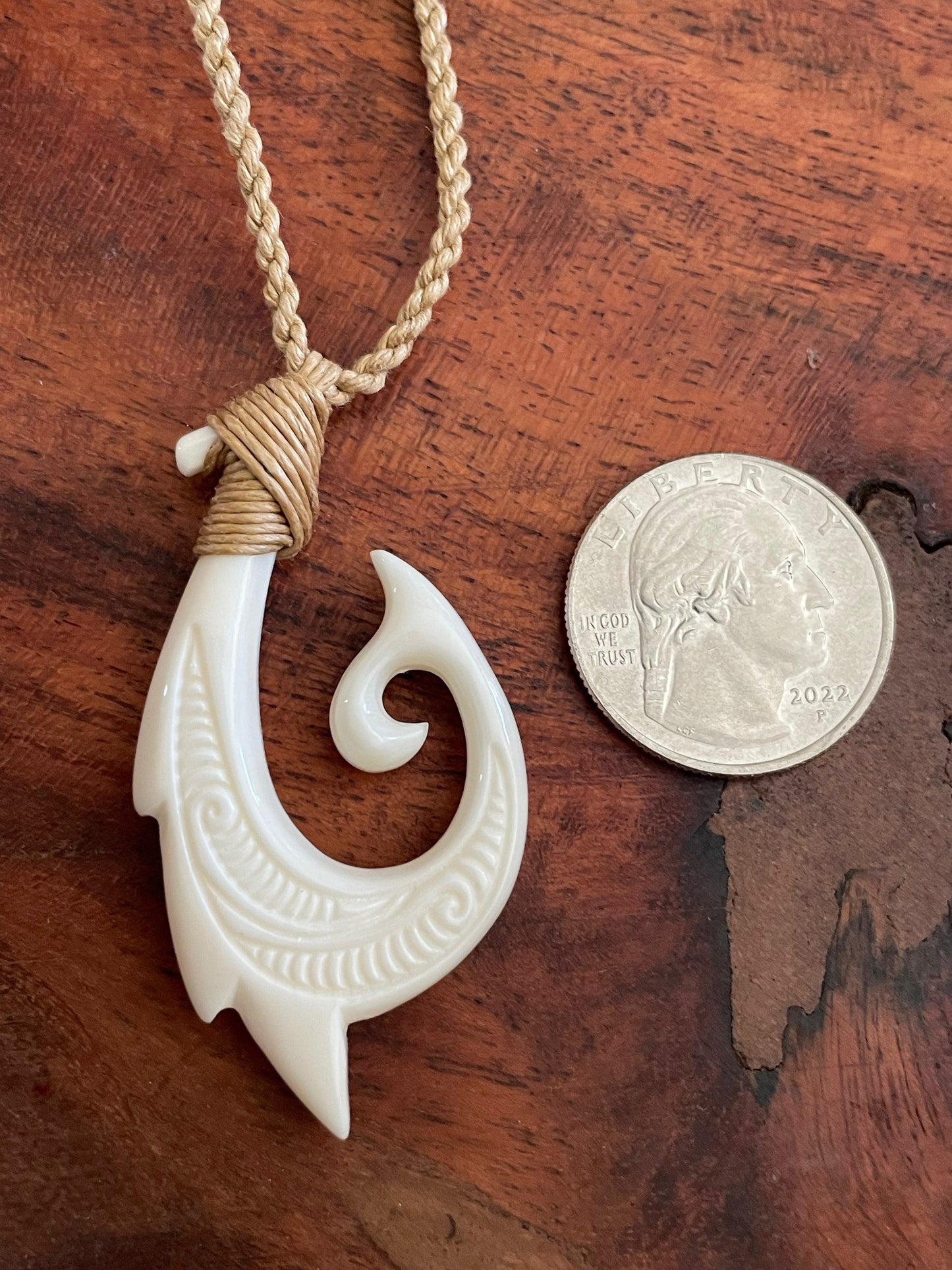 Uniquely Handcarved Solid Buffalo Bone Hei Makau Fish Hook with Koru