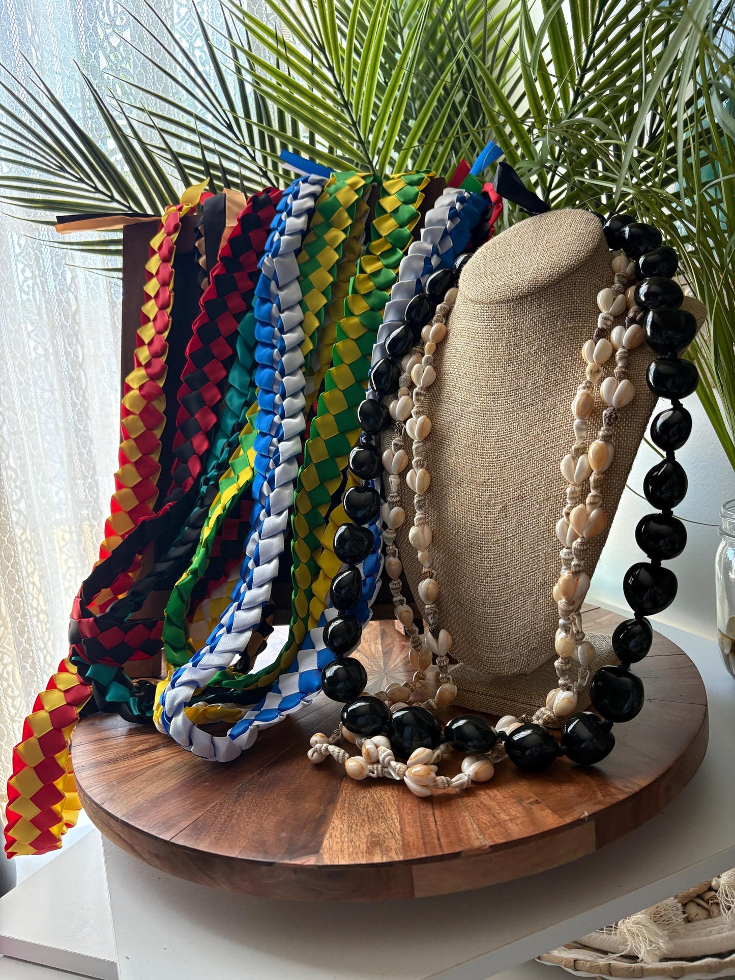 Hand Woven Ribbon Lei with Kukui Nut & Cowrie Shells