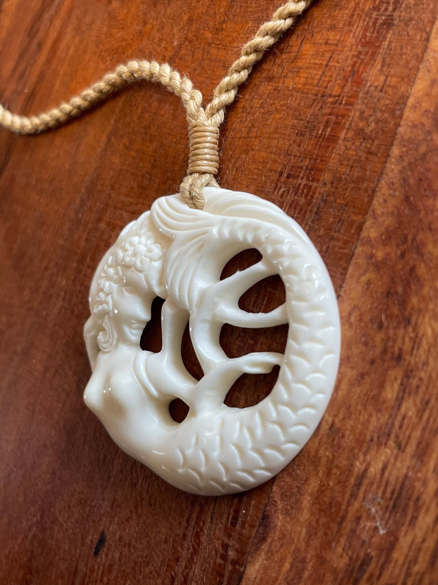 Hand Carved Buffalo Bone Mermaid Necklace - Polynesian Boho Jewelry