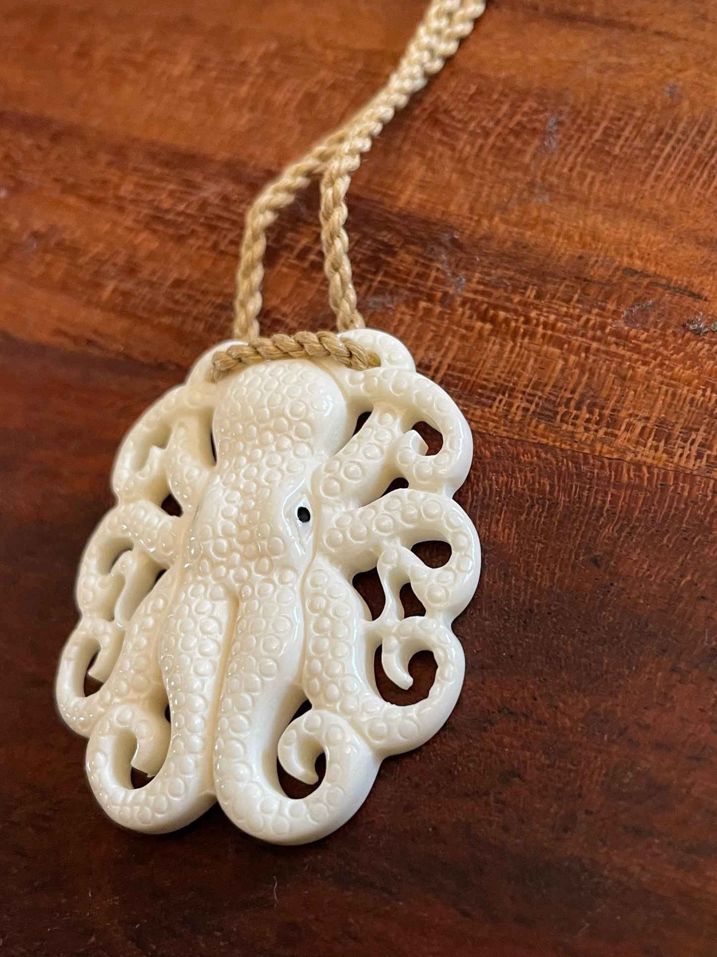 Hand Carved Buffalo Bone Octopus Pendant, Surfer Cord Necklace