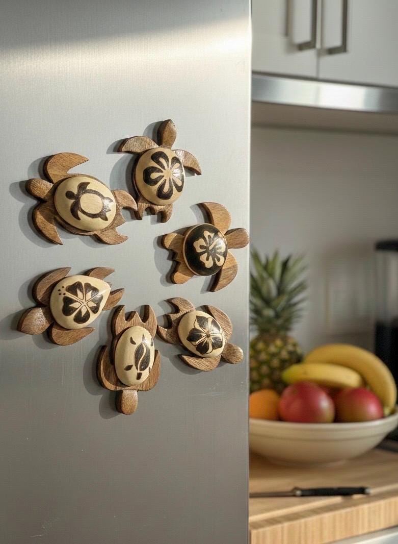 Large Handmade Wood Honu Magnets - Hawaiian, Polynesian, Micronesian Sea Turtle Fridge Decor