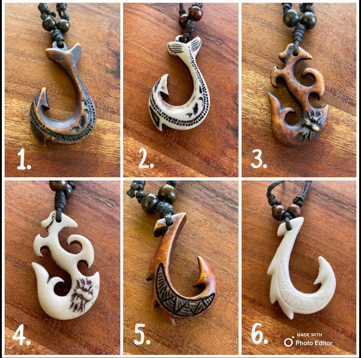 Maui Hooks - Hei Makau Adjustable Bone & Resin Necklaces- Story included in images!