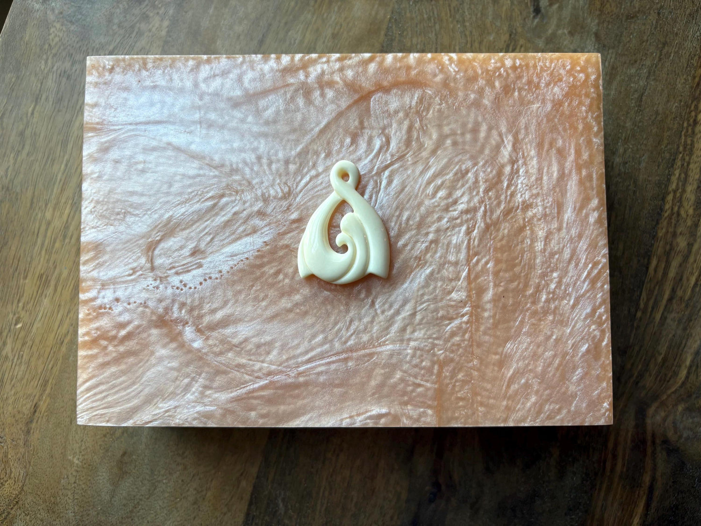 Hand-Crafted Polynesian & Micronesian Wooden and Faux Shell Inlay Box with Bone Koru Decor