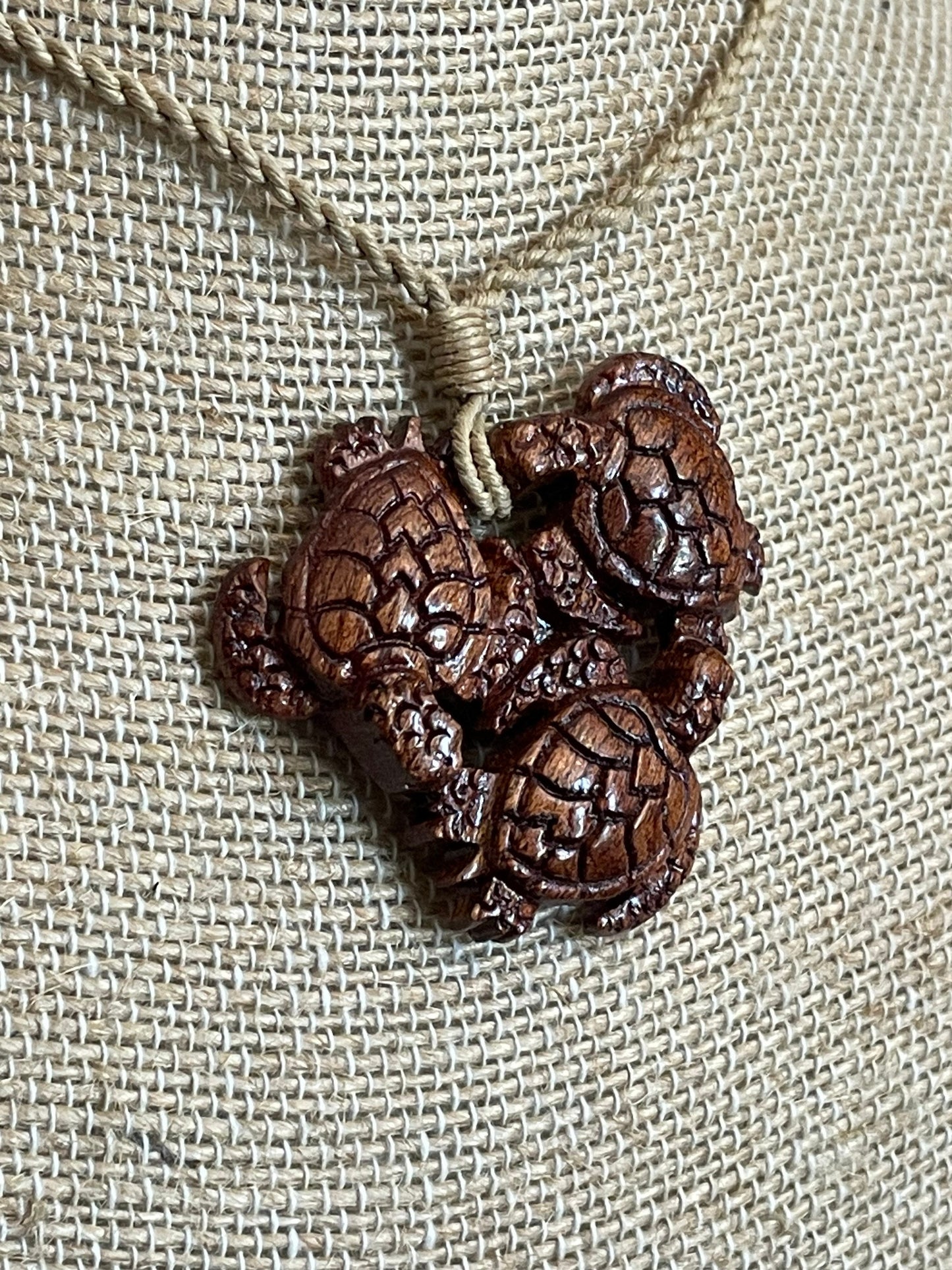 Hand Carved Koa Wood Sea Turtle Necklace – Adjustable Hemp Cord
