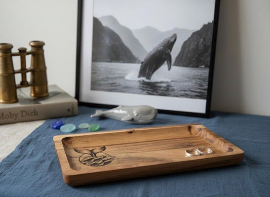 Whale Fin Teak Tray: Beautifully Engraved Wood Dish