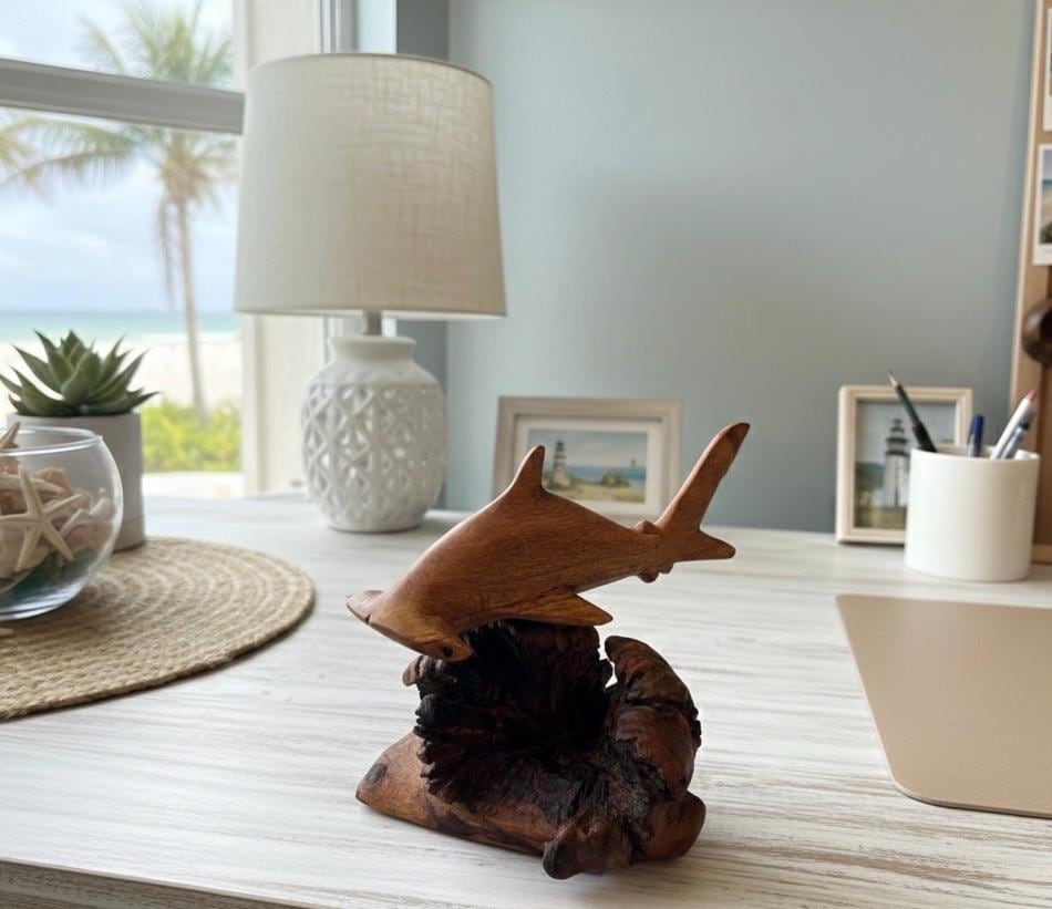 Hand Carved Hammerhead Shark Sculpture on Leech Wood