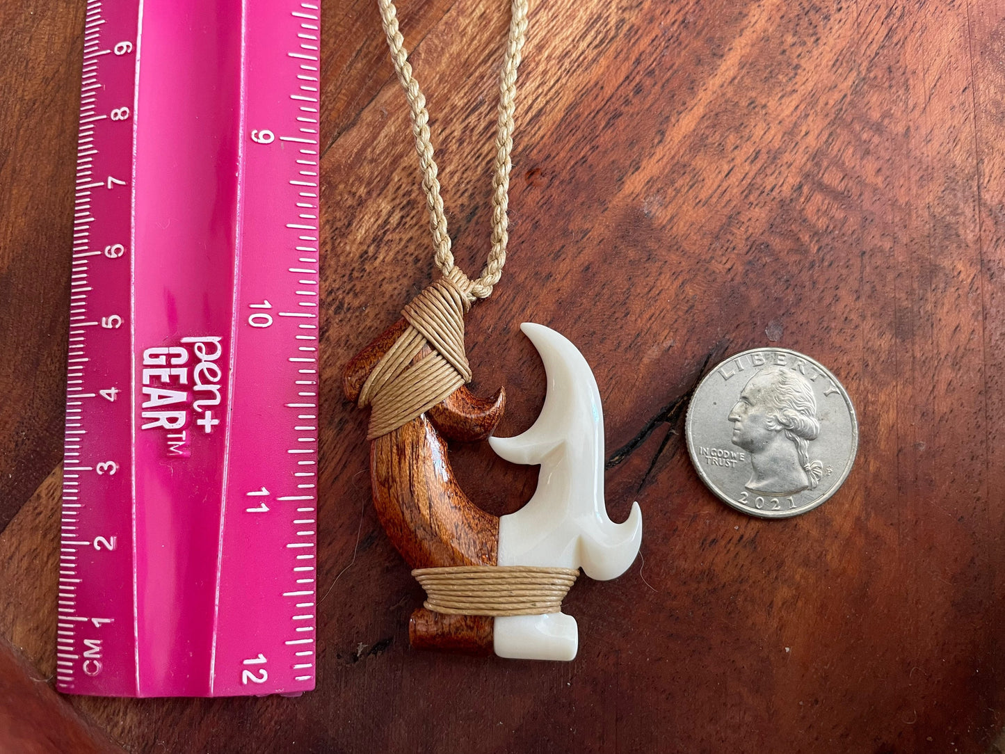 Hand Carved Koa Wood Fish Hook Necklace - Buffalo Bone Makau