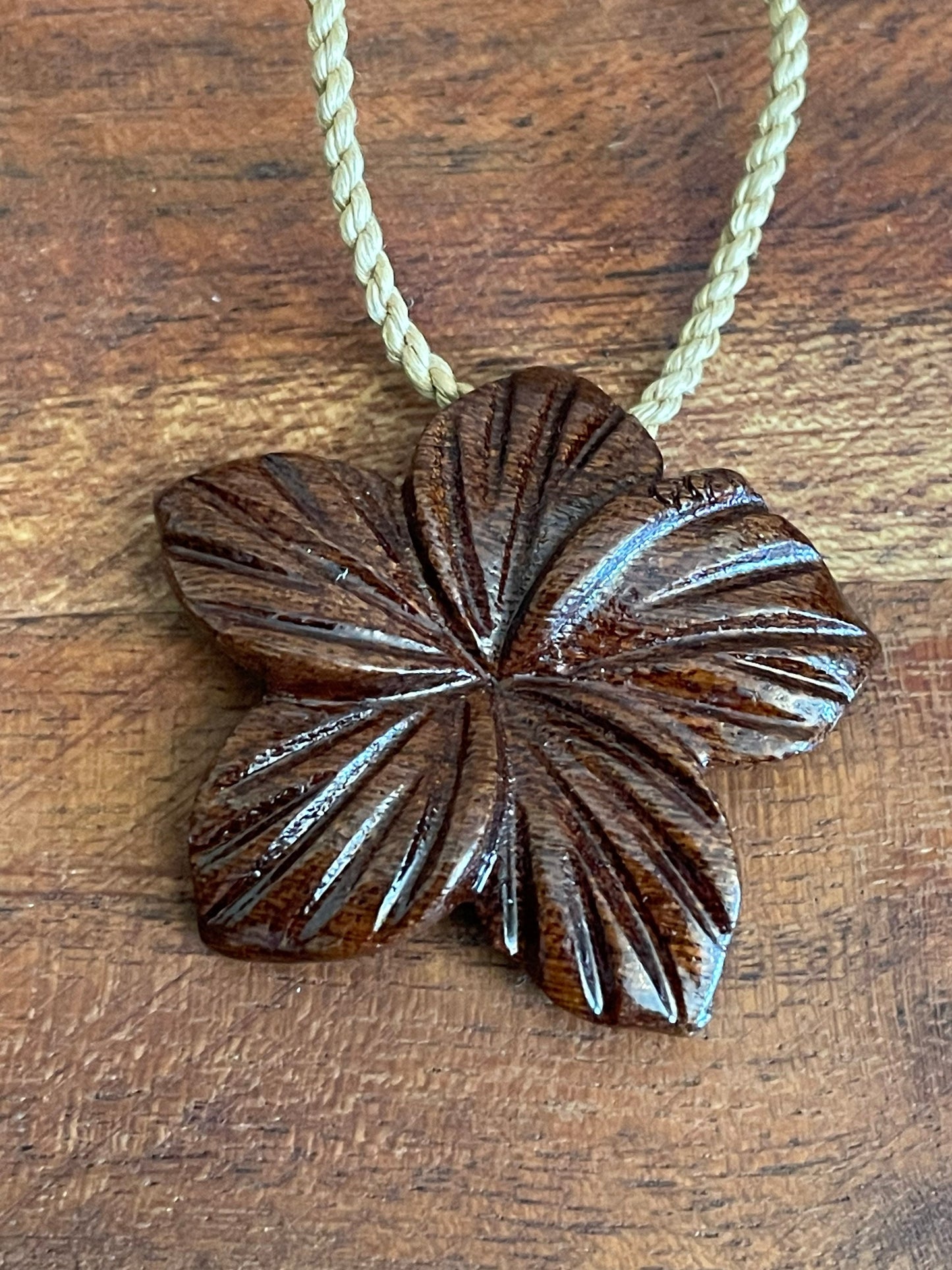 Hand Carved Koa Wood Plumeria Necklace - Adjustable Hemp Boho Jewelry