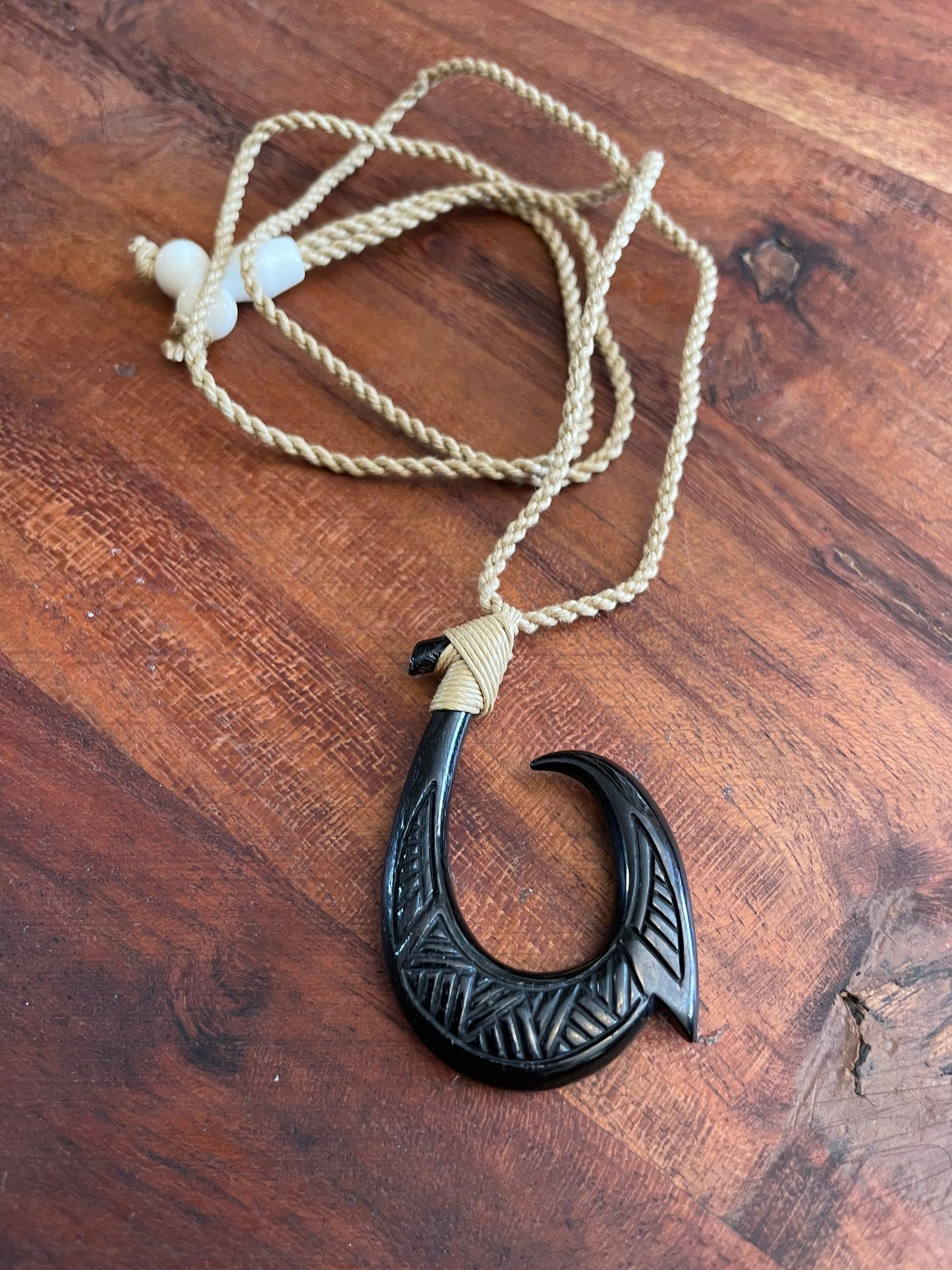Hand Carved Buffalo Bone Makau Necklace: Micronesian/ Polynesian Fish Hook Pendant