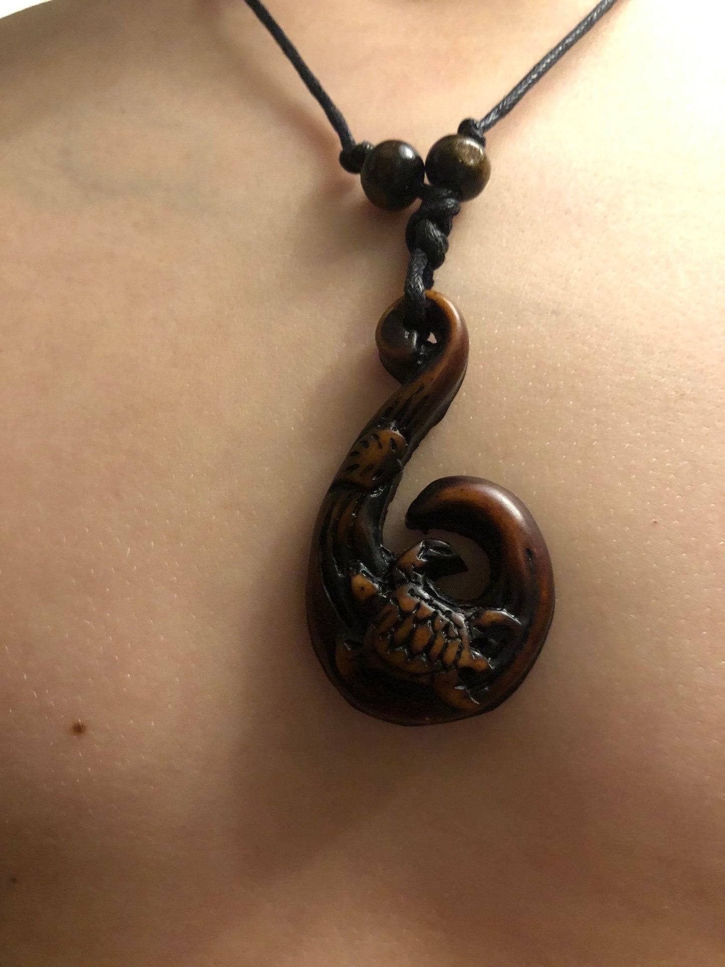 Polynesian Makau Fish Hook Necklace: Buffalo Bone, Sea Turtle, Boho Surfer