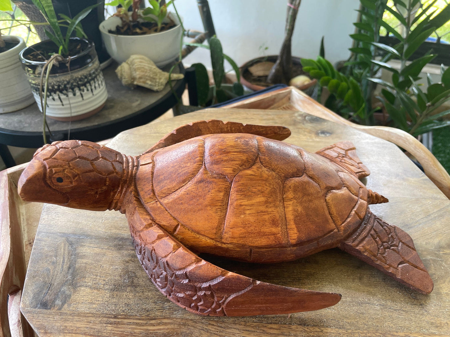 Hand Carved Hibiscus Wood Sea Turtle: Nautical Home Decor (8.5-10" Long)