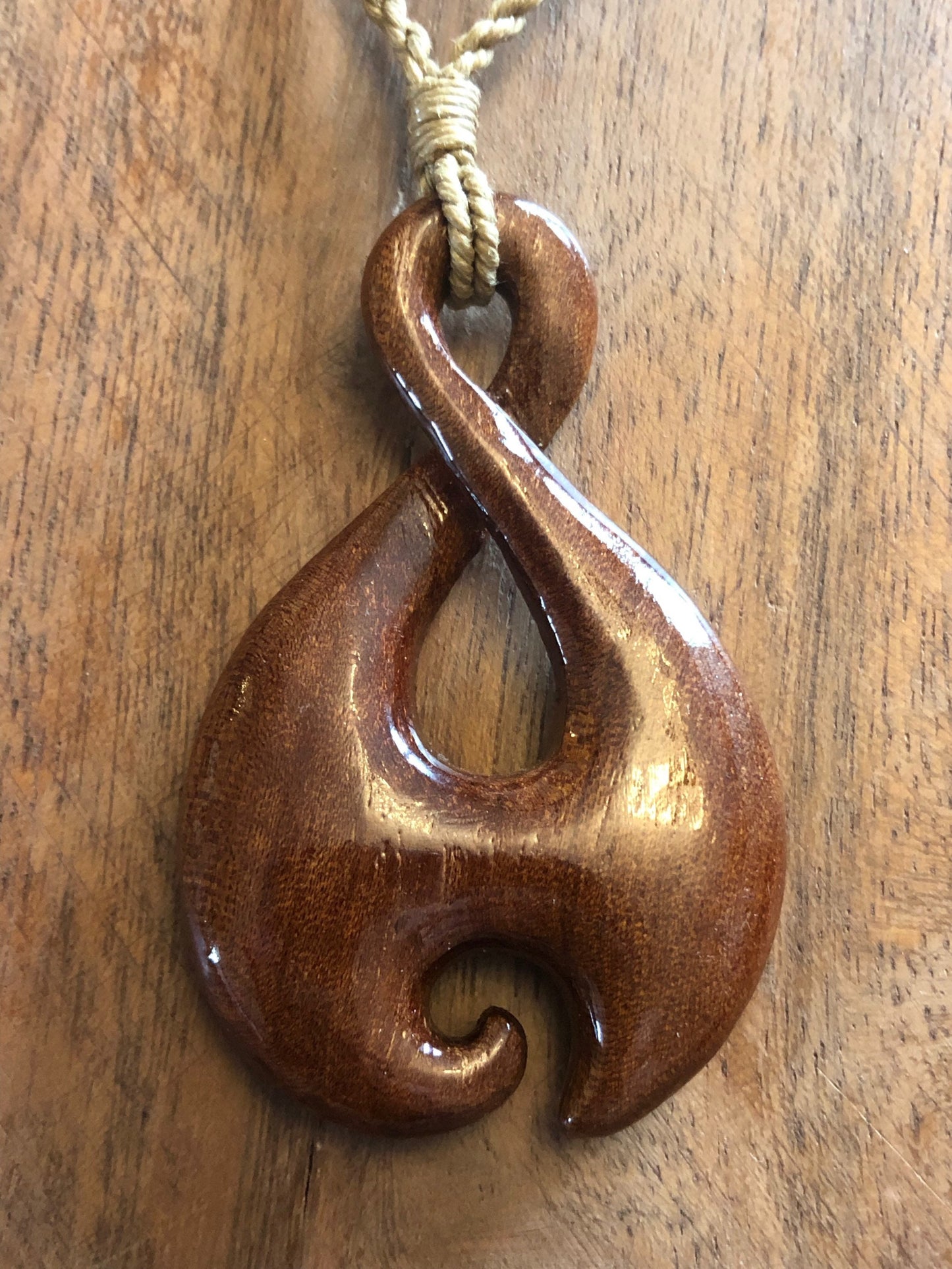Nautical Tribal Solid Koa Wood Handcarved Pikorua or Infinity Symbol Adjustable Necklace