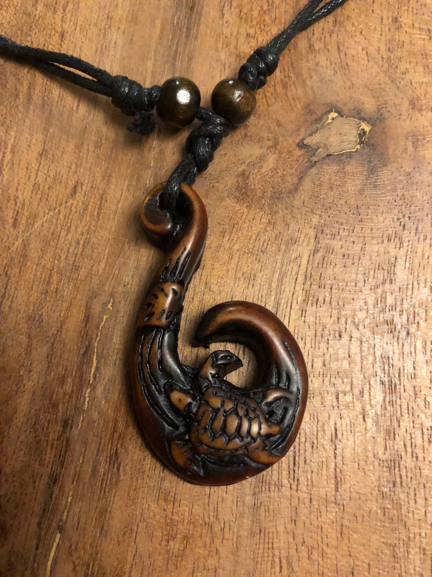 Polynesian Makau Fish Hook Necklace: Buffalo Bone, Sea Turtle, Boho Surfer