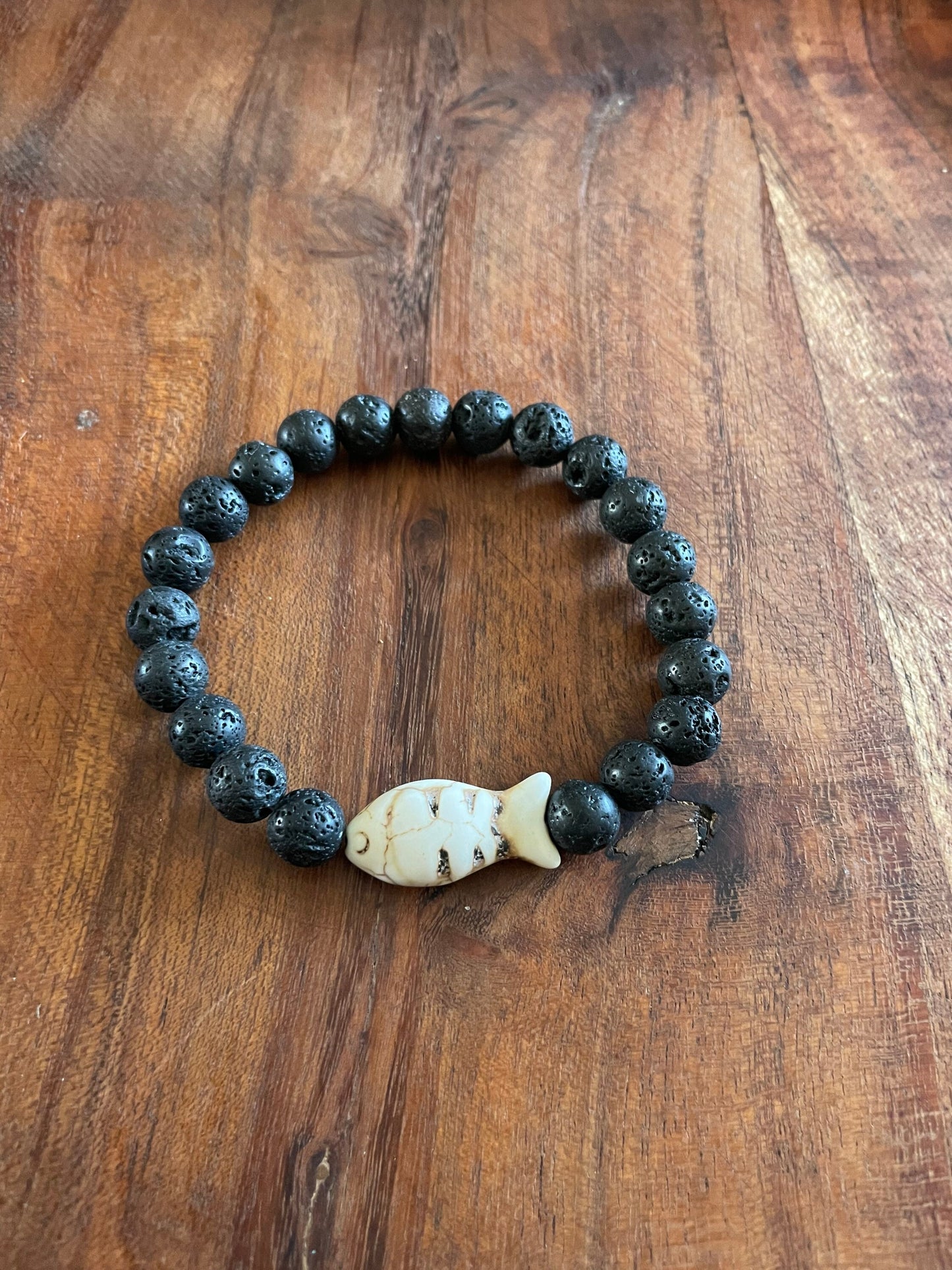 Authentic Lava Bead Elastic Bracelet with Clay Fish Bead