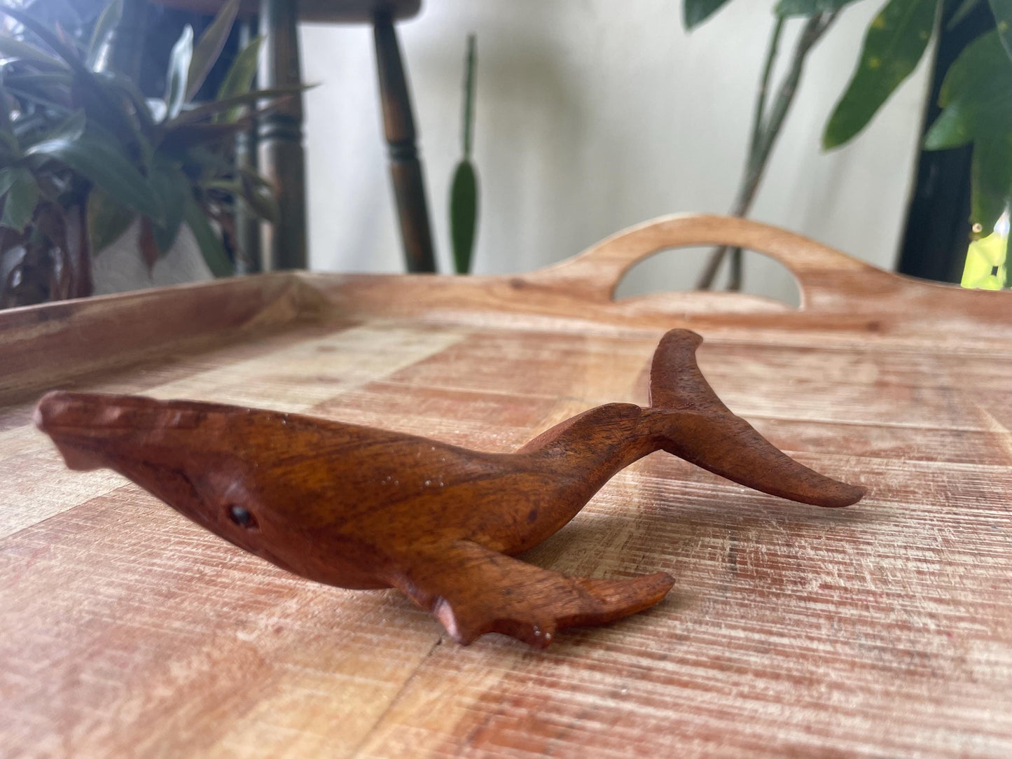 Hand Carved Hibiscus Wood Whale Figurine, Polynesian Decor