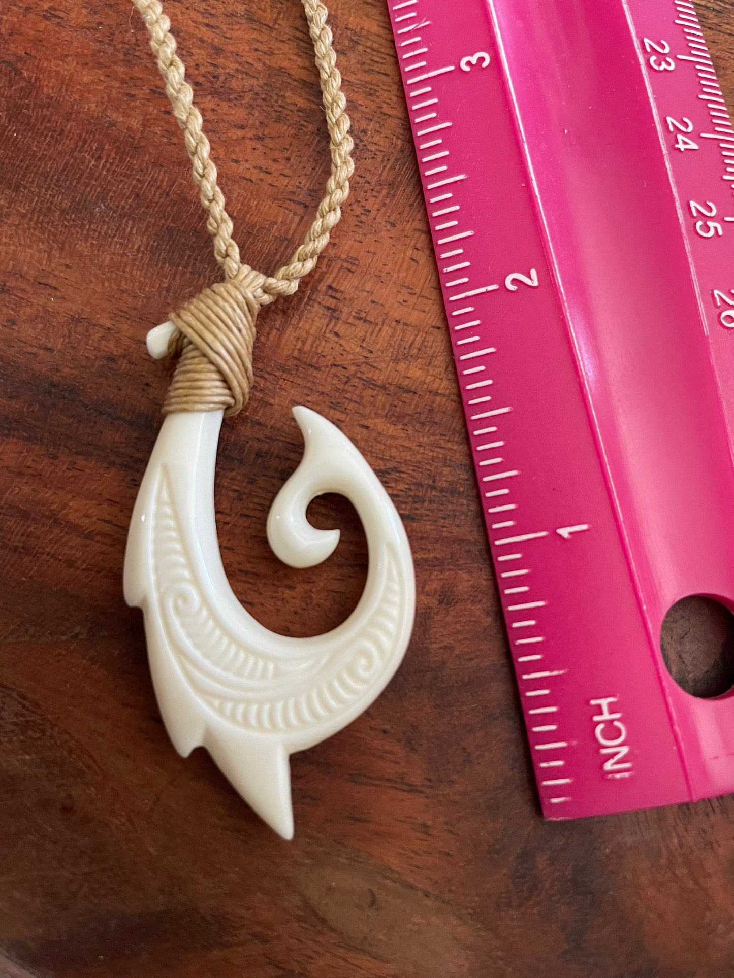 Uniquely Handcarved Solid Buffalo Bone Hei Makau Fish Hook with Koru