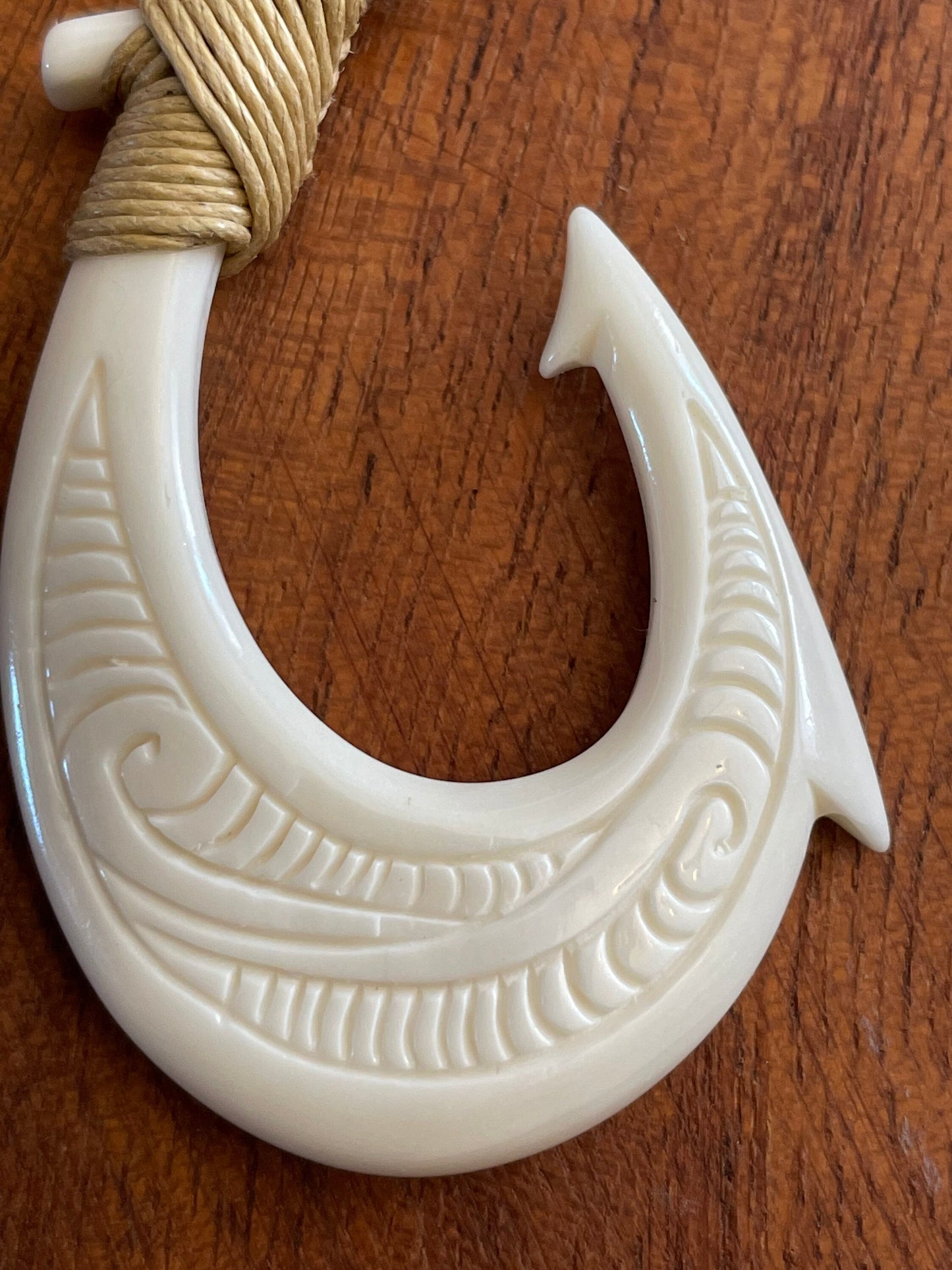 Hand Carved Buffalo Bone Fish Hook Necklace, Hei Makau Koru