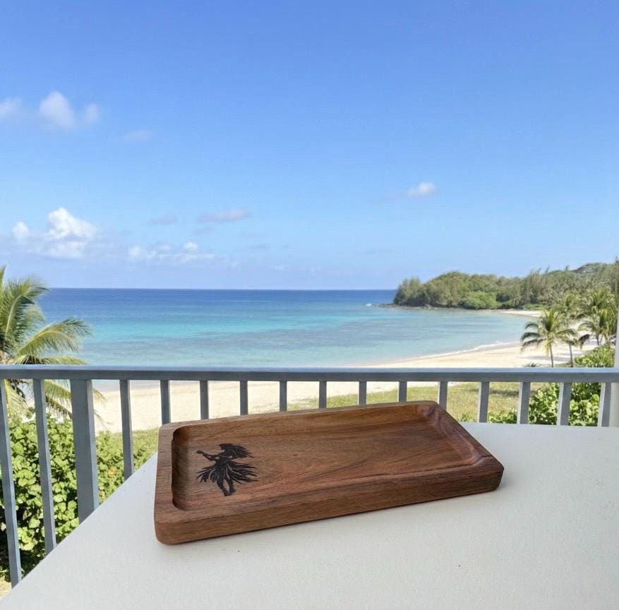 Pacific Islander Hula Girl Wooden Tray: Beautifully Engraved Wood Dish