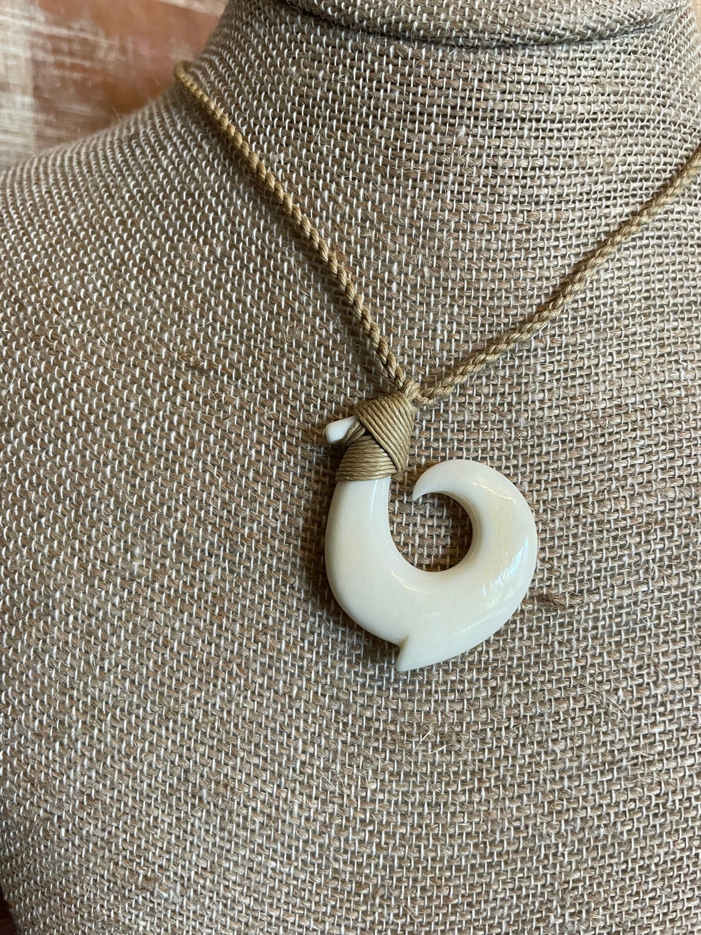 Hand Carved Bone Makau Necklace - Adjustable Polynesian Fish Hook