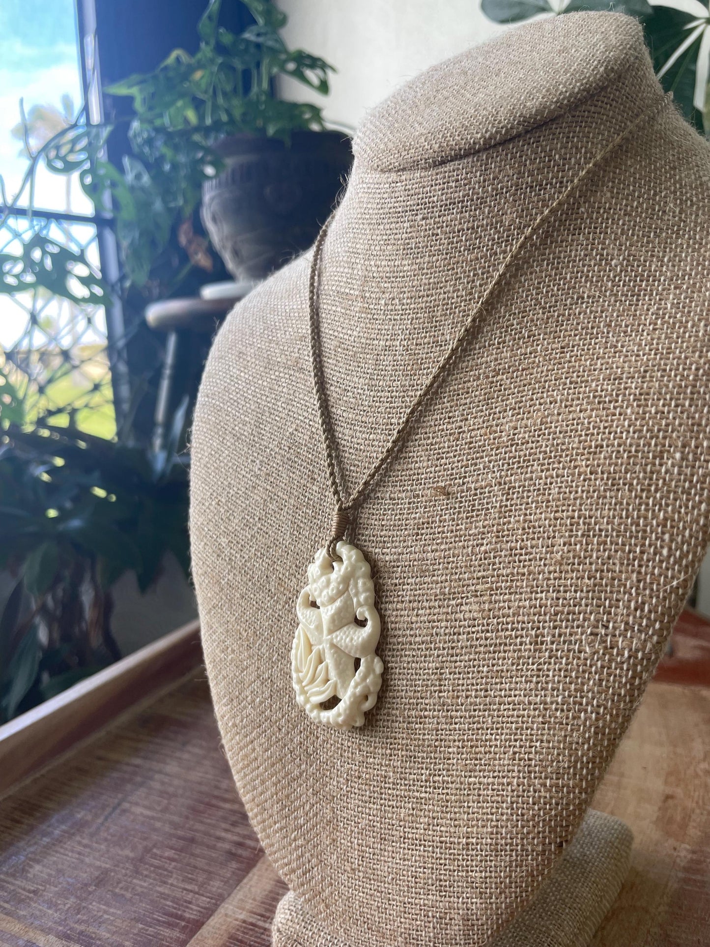 Hand Carved Buffalo Bone Starfish Pendant, Adjustable Surfer Cord