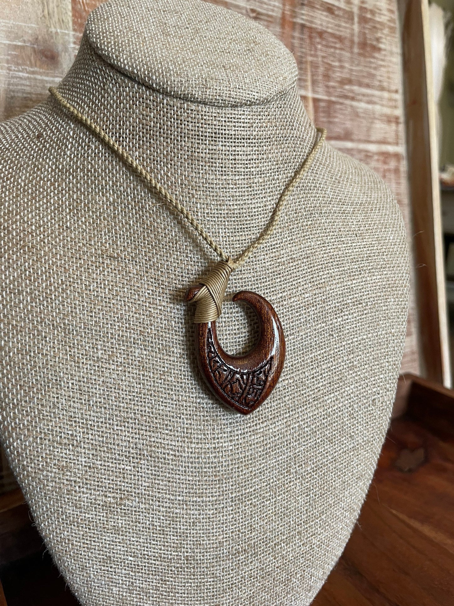 Hand Carved Koa Wood Makau Necklace, Polynesian Engraving