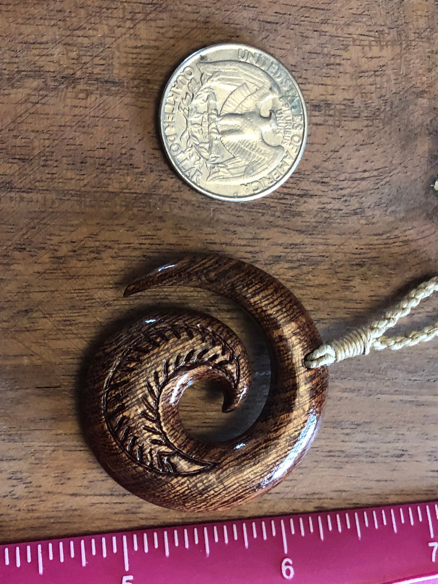 Finely Detailed, Hand-carved Solid Koa Wood Koru or Fern Adjustable Necklace