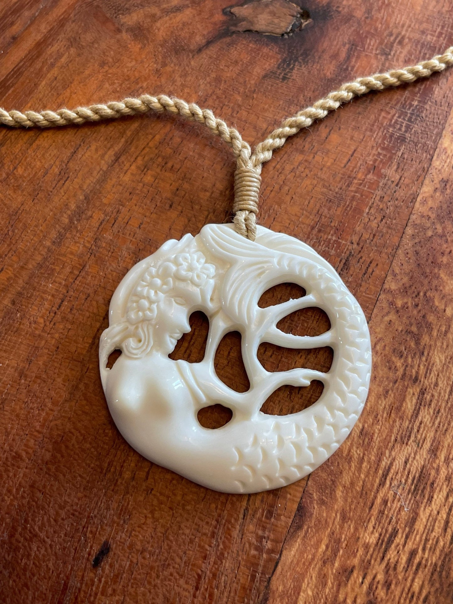 Hand Carved Buffalo Bone Mermaid Necklace - Polynesian Boho Jewelry