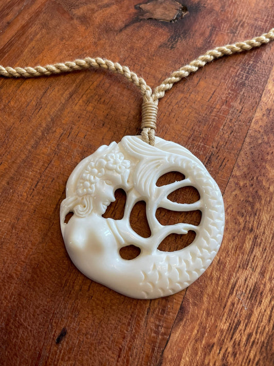 Hand Carved Buffalo Bone Mermaid Necklace - Polynesian Boho Jewelry