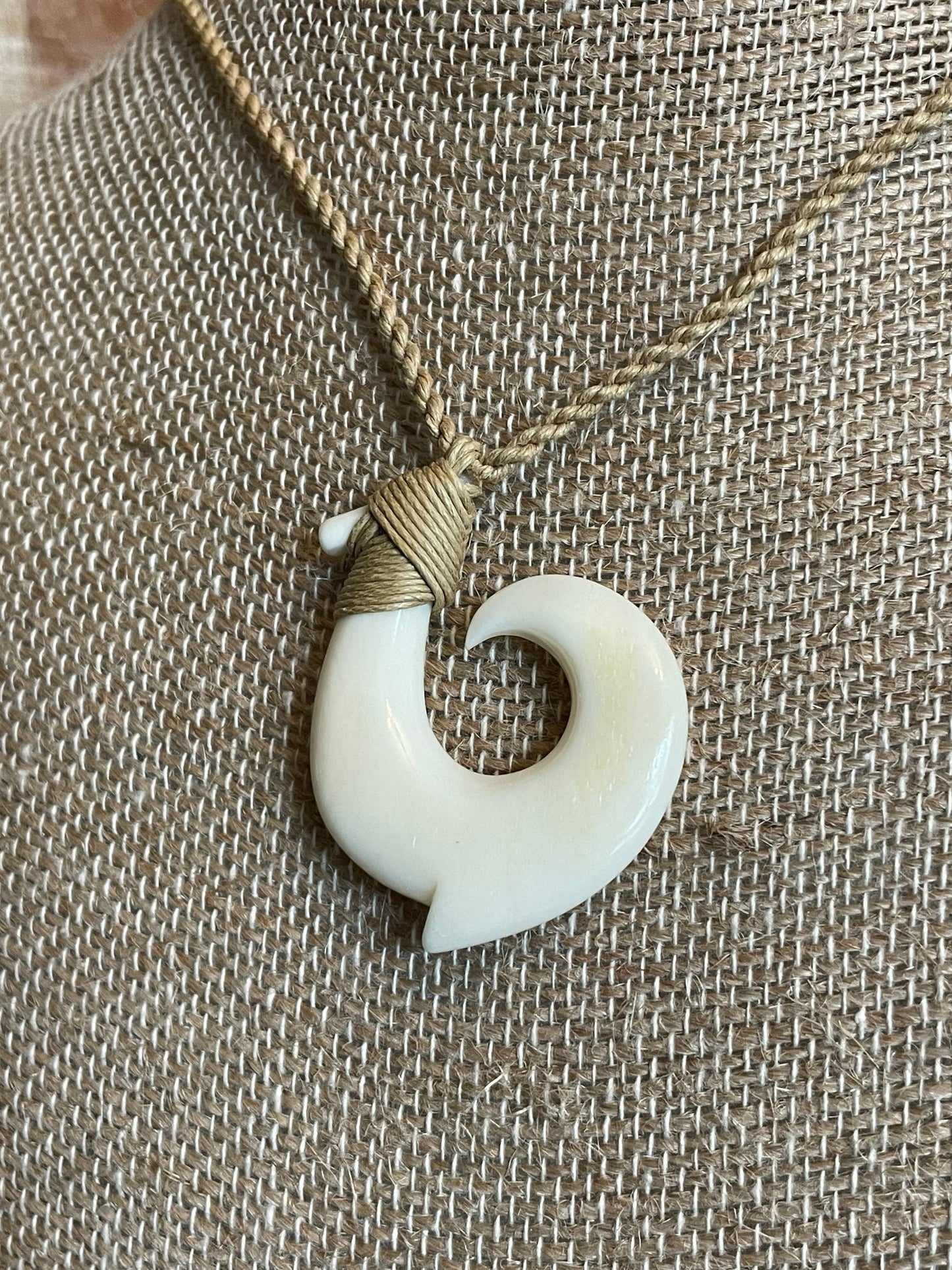 Hand Carved Bone Makau Necklace - Adjustable Polynesian Fish Hook