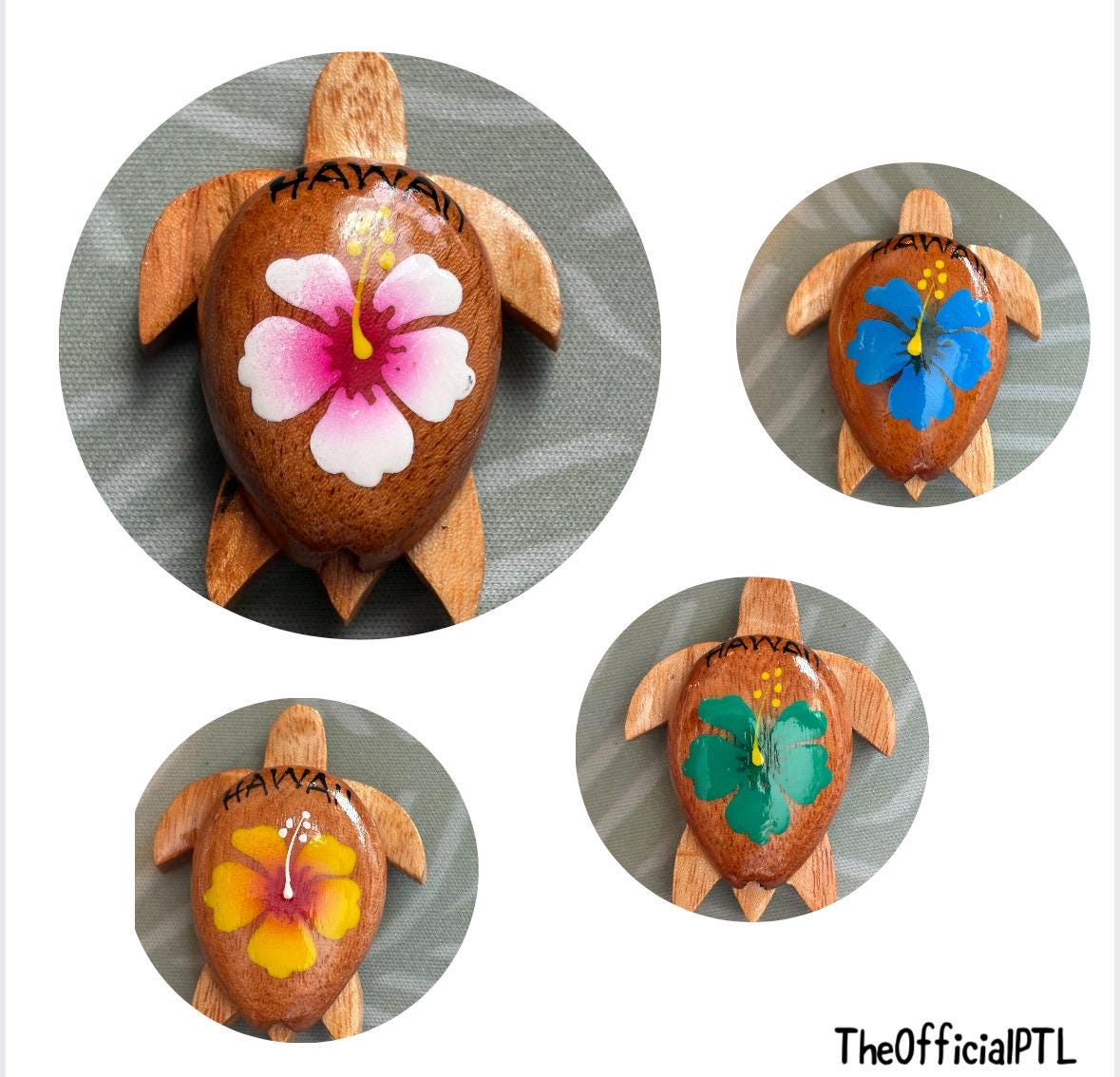 Hand Carved Wood Honu Magnet - Hand Painted Hibiscus, Hawaii Decor
