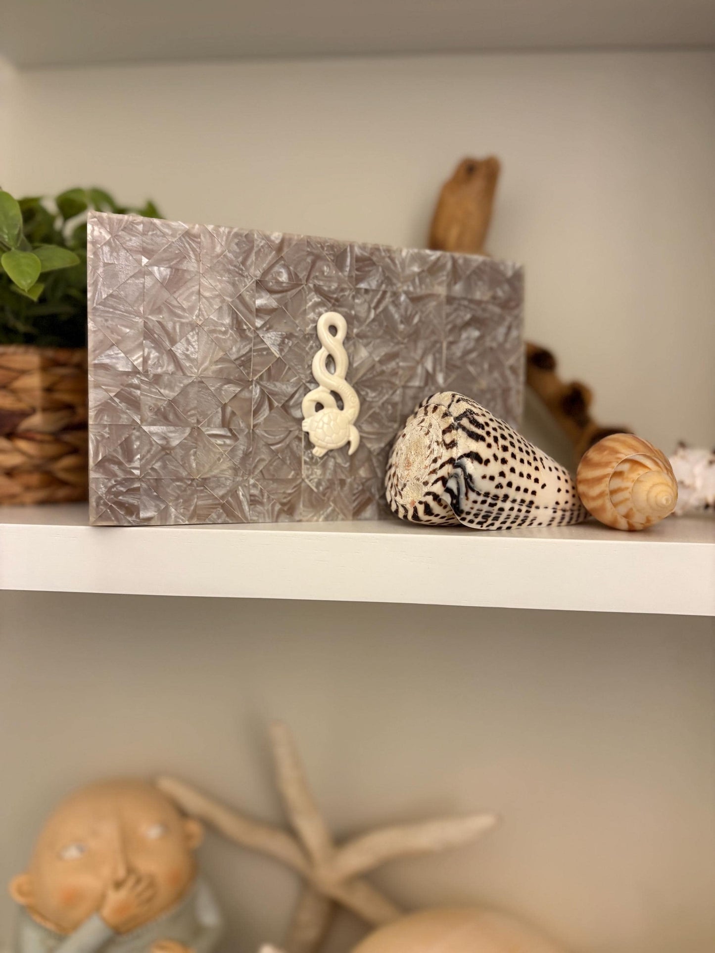 Hand-Crafted Polynesian Trinket Box, Faux Shell Inlay, Bone Turtle Charm