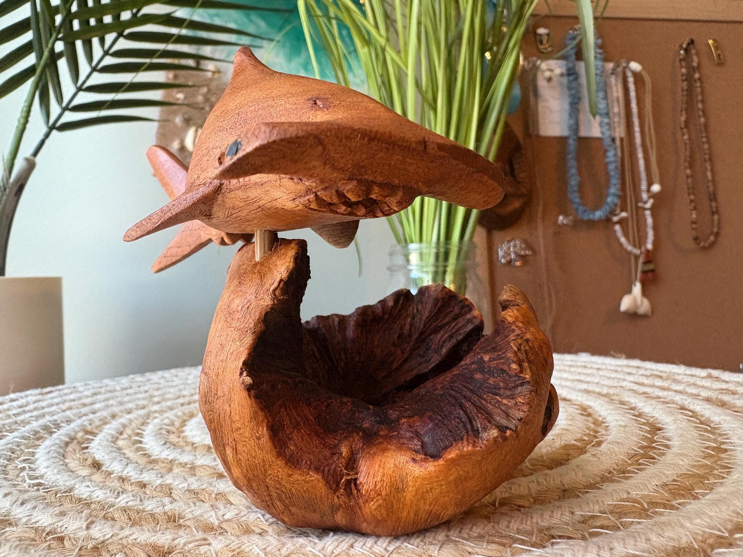 Hand Carved Hammerhead Shark on Leech Wood Base