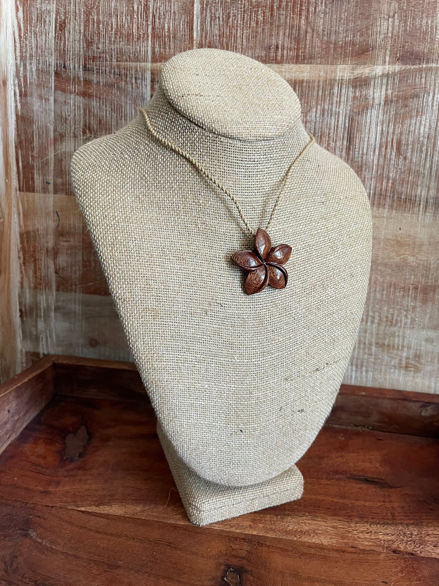 Hand Carved Koa Wood Plumeria Pendant – Adjustable Hemp Necklace