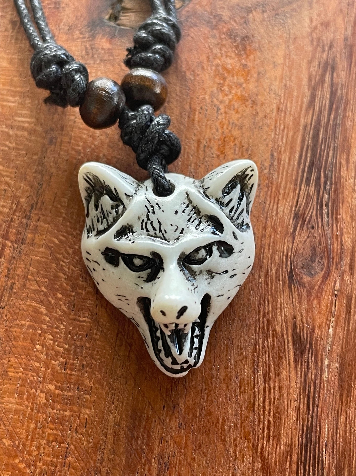 Naturalistic Styled Tribal Hand Crafted Bone and Resin Wolf or Dog Head Adjustable Necklace