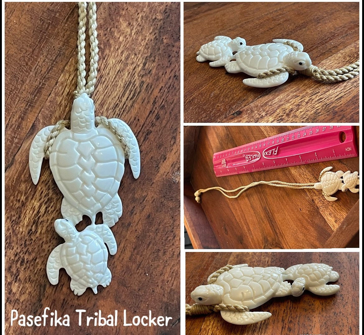 Sweet Pair of Polynesian Sea Turtles Carved from Solid Bone Adjustable Necklace