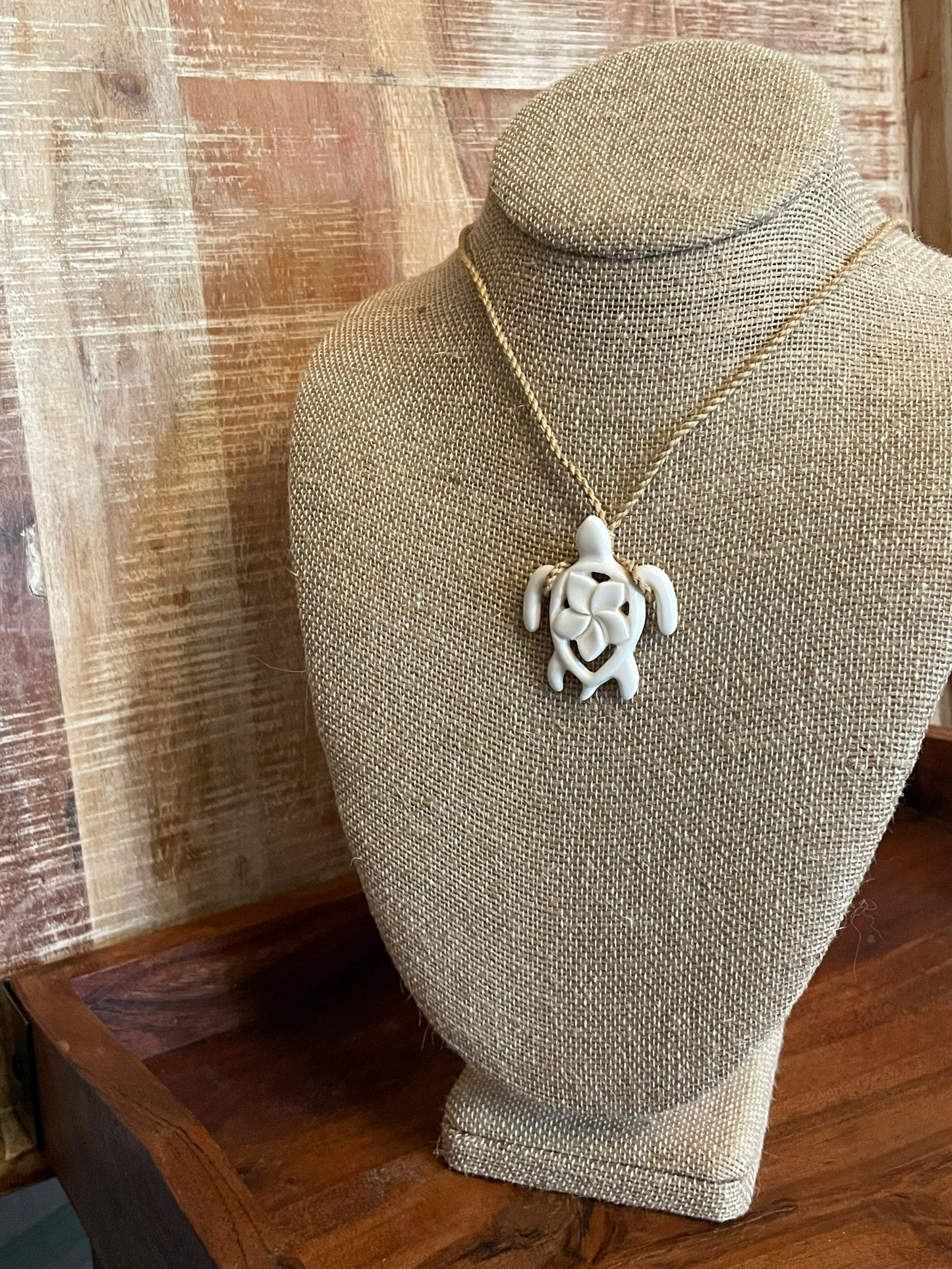 Hand Carved Bone Sea Turtle Necklace - Polynesian Plumeria Pendant