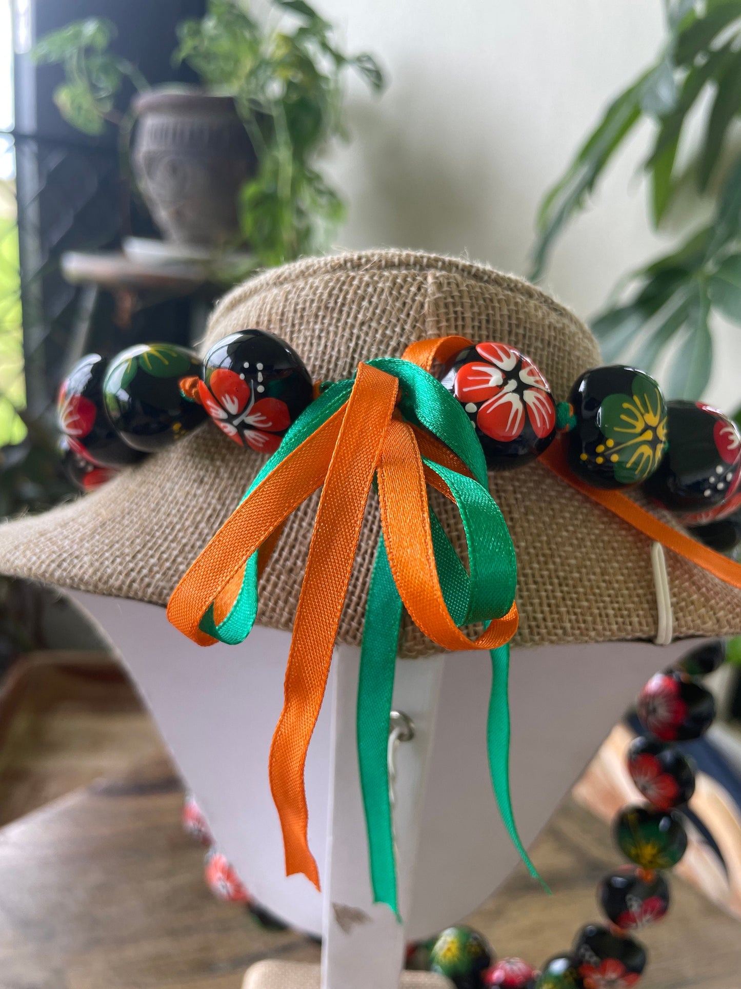 Hand Painted Kukui Nut Lei: Multi-Colored Hibiscus, Ribbon Tie