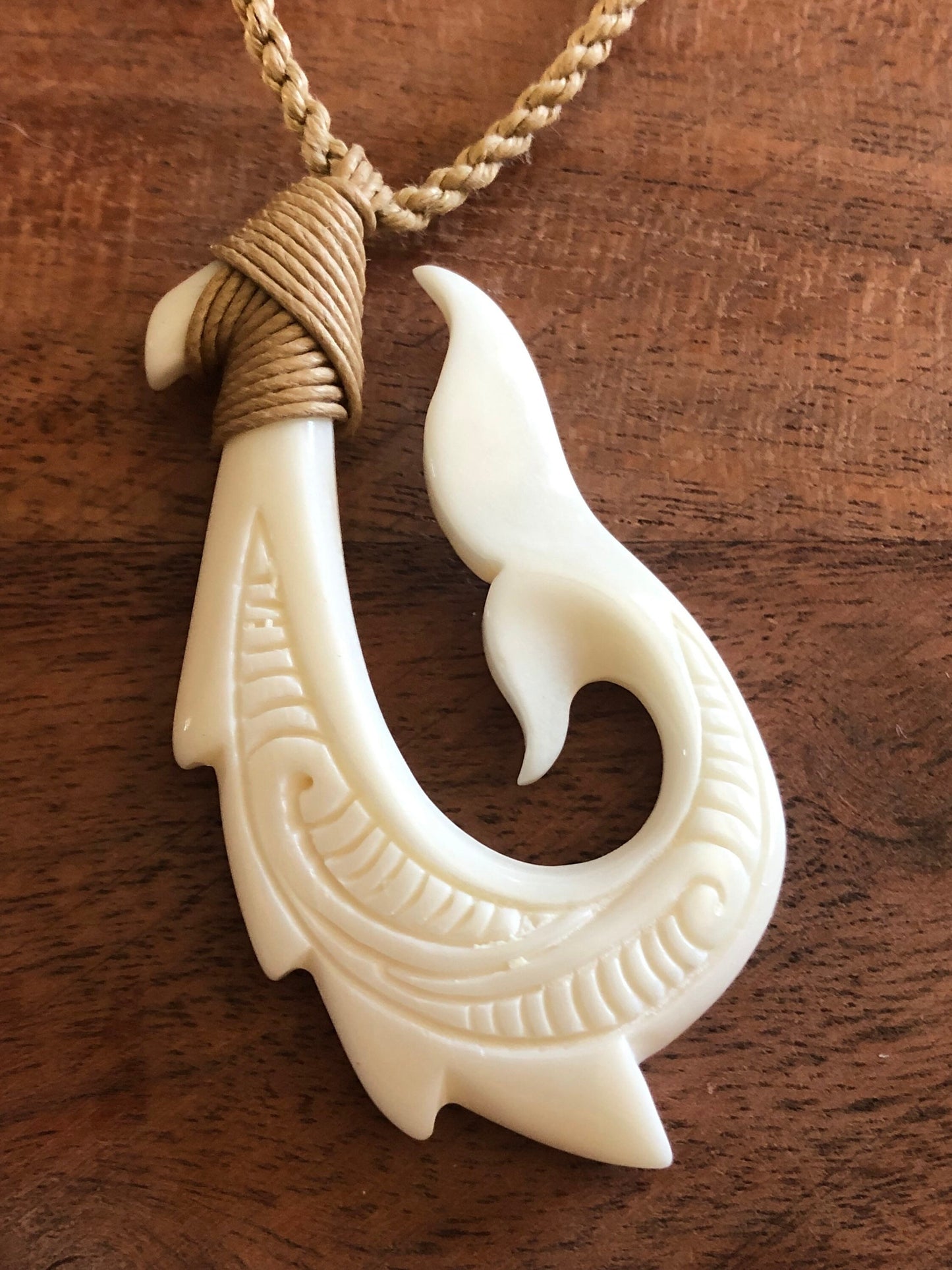 Hand Carved Buffalo Bone Makau Necklace: Adjustable Boho Surfer Jewelry