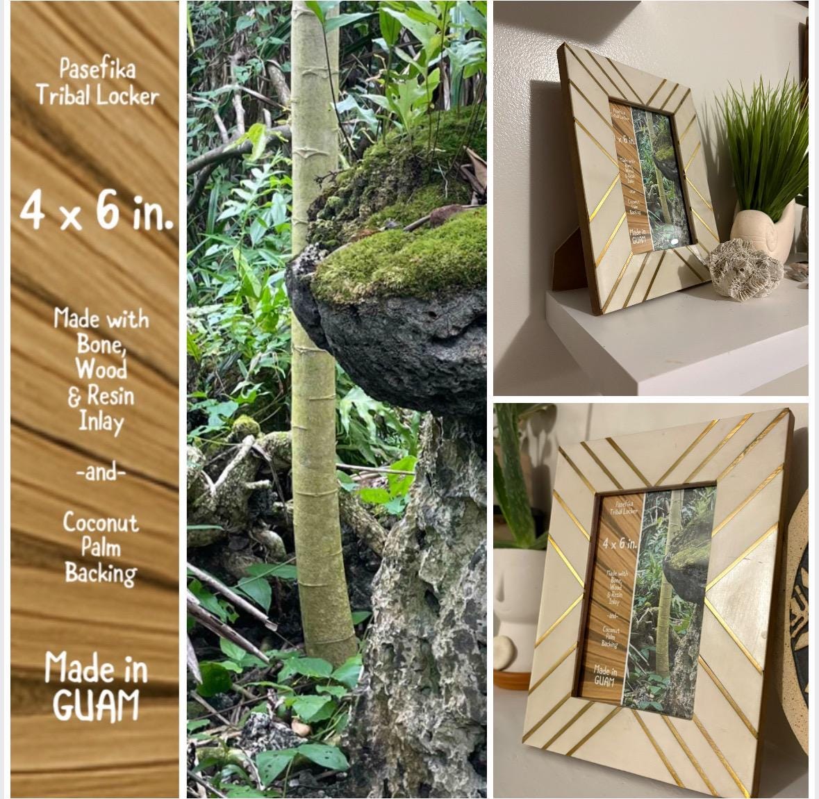 Beautiful Unique Polynesian - Micronesian Bone & Wood Inlay 4x6 Picture Frame